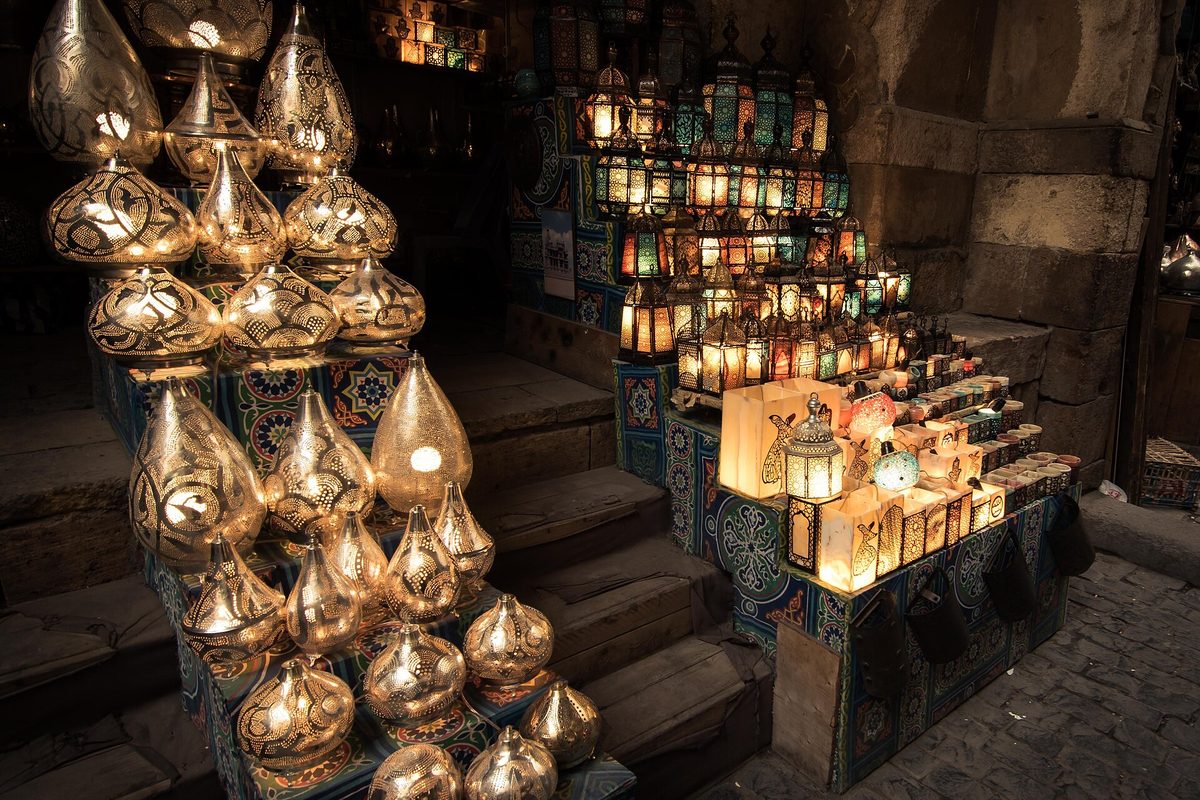 Brass lamps at Khan el-Khalili bazaar