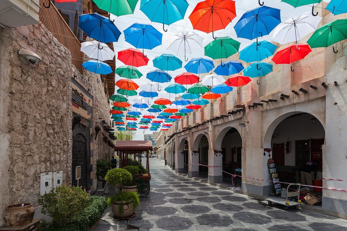 Umbrella-covered alley in Souq Waqif, Doha